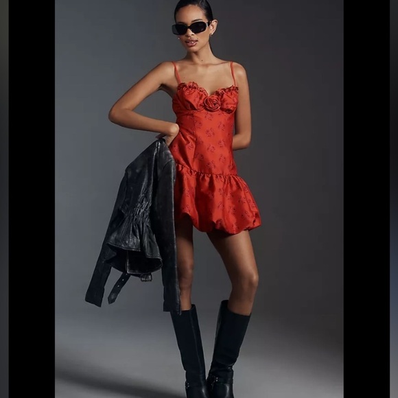 For Love & Lemons Annika Mini Dress NWOT Red Corset Bodice Bubble Hem - Picture 11 of 14